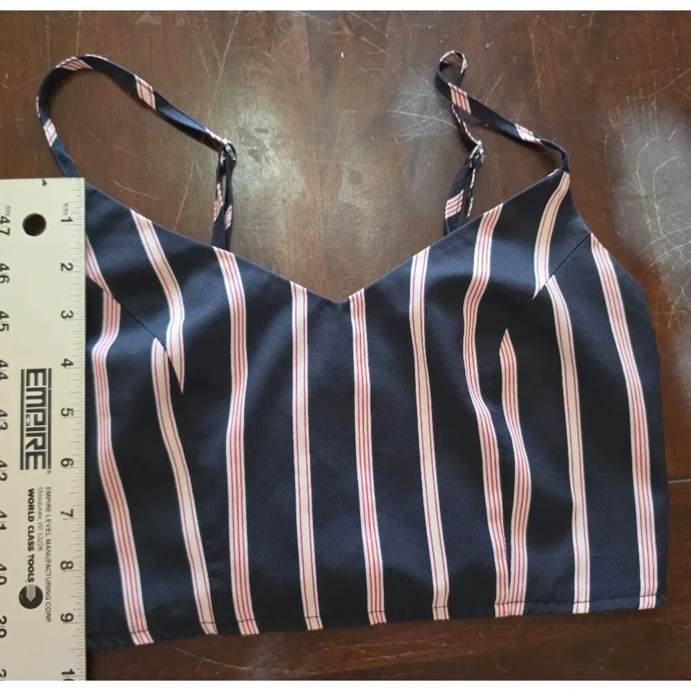 Size S Navy blue and white w/red pinstripe crop top